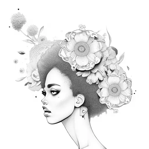MULHER COM CABELO AFRO COM FLORES EM VOLTA tattoo design idea