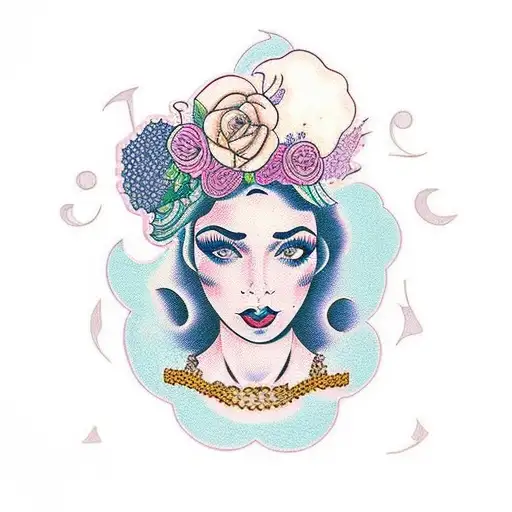 MULHER COM CABELO AFRO COM FLORES EM VOLTA tattoo design idea