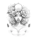 MULHER COM CABELO AFRO COM FLORES EM VOLTA tattoo design idea