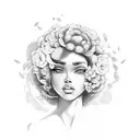 MULHER COM CABELO AFRO COM FLORES EM VOLTA tattoo design idea