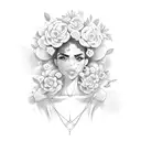 MULHER COM CABELO AFRO COM FLORES EM VOLTA tattoo design idea