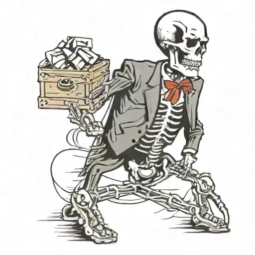 a tired skeleton wearing disheveled office suit holding a crate on budweiser over his shoulder using his right hand  tattoo design idea