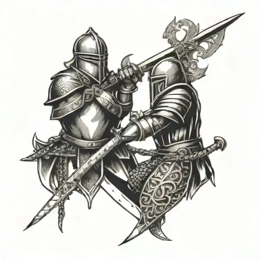 A long distance relationship symbolized by two knights with swords connected by a chain, showing loyalty and commitment tattoo design idea