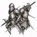 A long distance relationship symbolized by two knights with swords connected by a chain, showing loyalty and commitment tattoo design idea