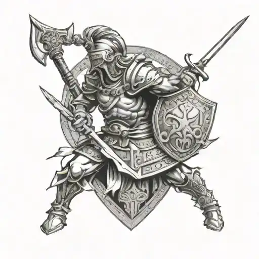 achilles with sword, shield and tin hat tattoo design idea