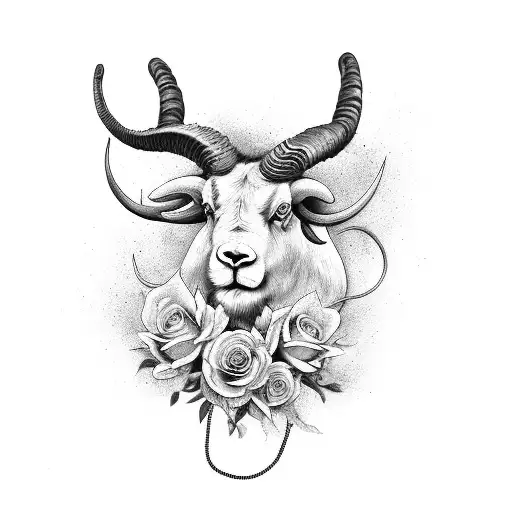 woman with ram horns adorned by flowers tattoo design idea
