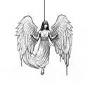 angel breaking free from chains. one chain holding one wrist still tattoo design idea