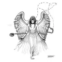 angel breaking free from chains. one chain holding one wrist still tattoo design idea