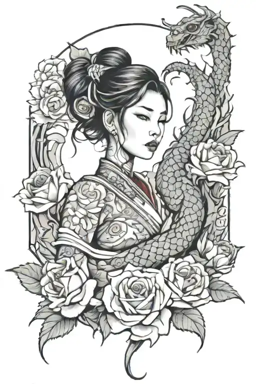 asian girl wrapped by a roses and dragon tattoo design idea