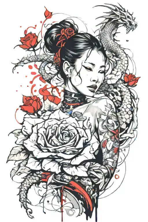 asian girl wrapped by a roses and dragon tattoo design idea