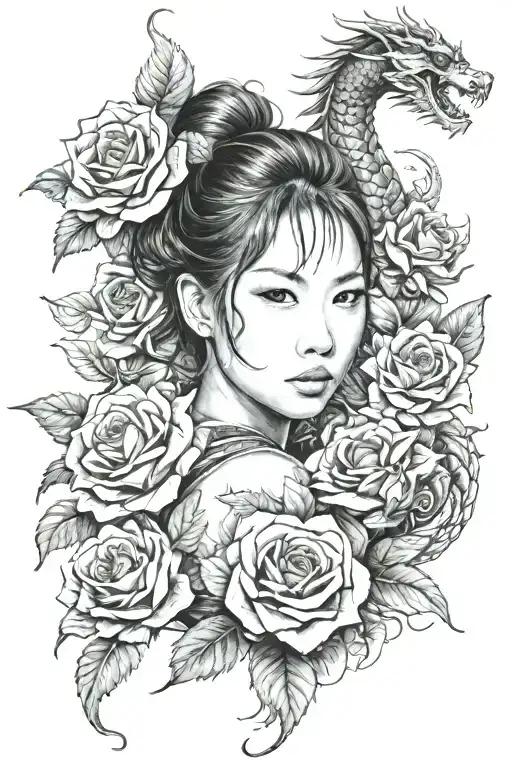 asian girl wrapped by a roses and dragon tattoo design idea