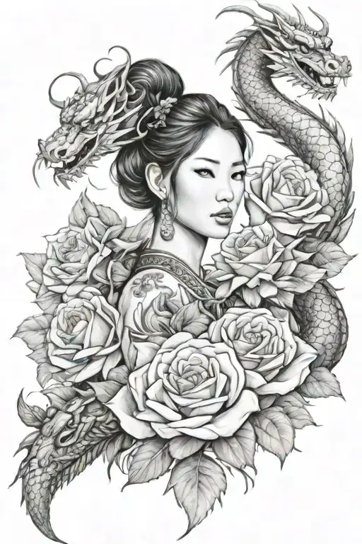 asian girl wrapped by a roses and dragon tattoo design idea