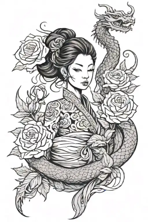 asian girl wrapped by a roses and dragon tattoo design idea