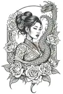 asian girl wrapped by a roses and dragon tattoo design idea