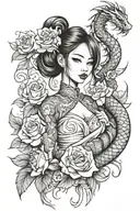 asian girl wrapped by a roses and dragon tattoo design idea