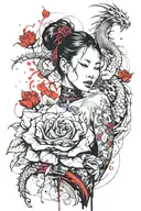 asian girl wrapped by a roses and dragon tattoo design idea