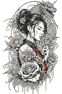 asian girl wrapped by a roses and dragon tattoo design idea