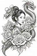 asian girl wrapped by a roses and dragon tattoo design idea