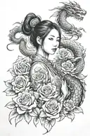 asian girl wrapped by a roses and dragon tattoo design idea