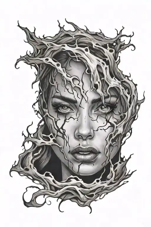 Woman surrounded by darkness face full of a blank endless pain cursing her as tears flow from her face lust filled eyes  tattoo design idea