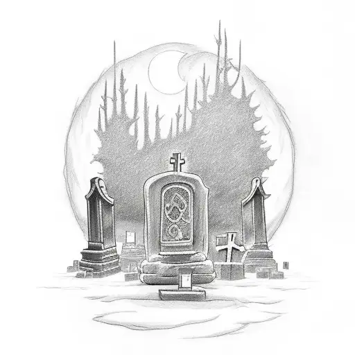 A goth music-themed tattoo featuring a moonlit cemetery scene with tombstones adorned with gothic symbols, in a sketch style. tattoo design idea