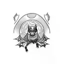 A Victorian goth-inspired tattoo featuring a vintage mirror reflecting a full moon surrounded by bats in a blackwork style. tattoo design idea