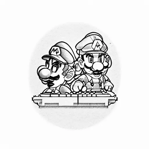 A tattoo of Mario Bros characters playing different musical instruments tattoo design idea
