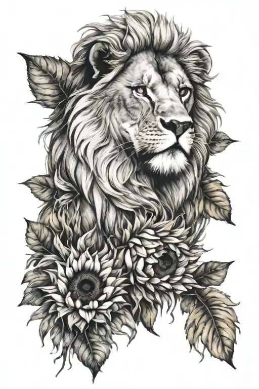a fierce lion and sunflowers wrapped tattoo design idea