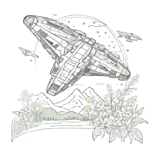 A sketch style tattoo of the Millennium Falcon flying over a field of wildflowers, with a hiking path leading towards it tattoo design idea