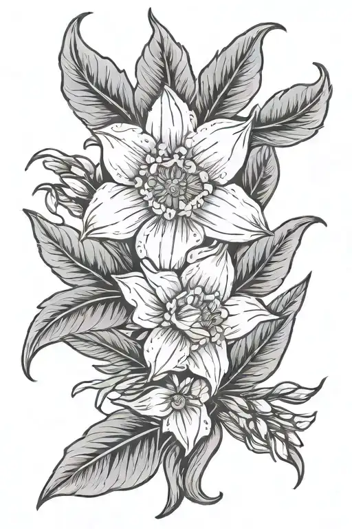 daffodil, drop of water, laurel wreath crown tattoo design idea