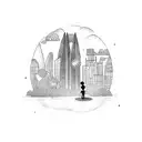 A child holding a stack of money in front of the London skyline tattoo design idea