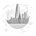 A child holding a stack of money in front of the London skyline tattoo design idea