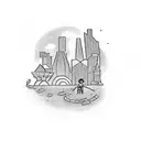 A child holding a stack of money in front of the London skyline tattoo design idea