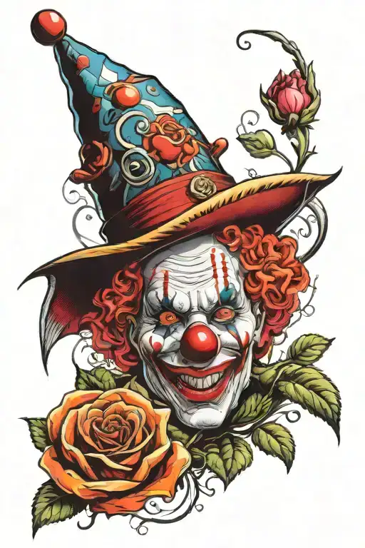 clown face, a rose, a spiral pattern inspired tattoo design idea