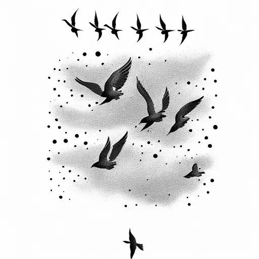 flock of little birds in flight in black colour tattoo design idea