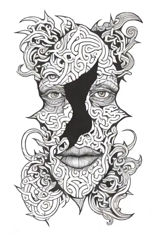 split up possessed face tattoo design idea