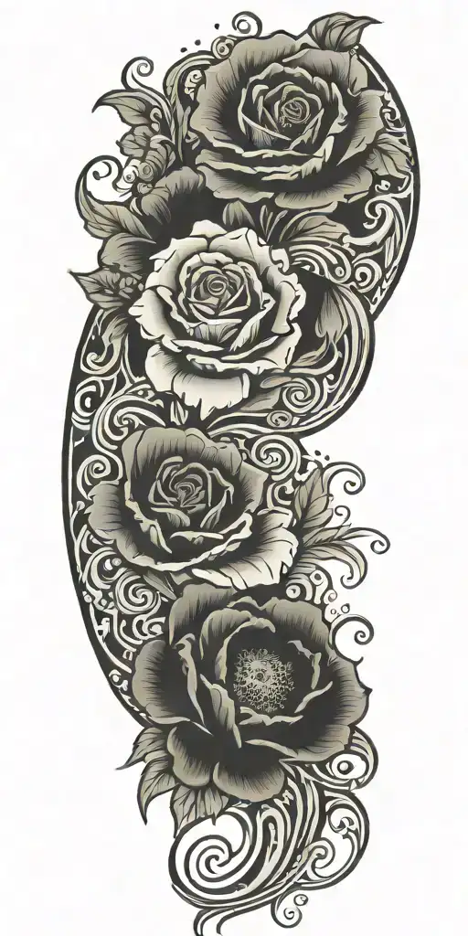  swirling hurricanes, paisley pattern and poppy flowers and roses tattoo design idea