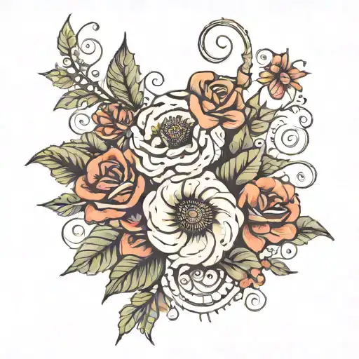  hurricane next to paisley pattern and poppy flowers and roses tattoo design idea