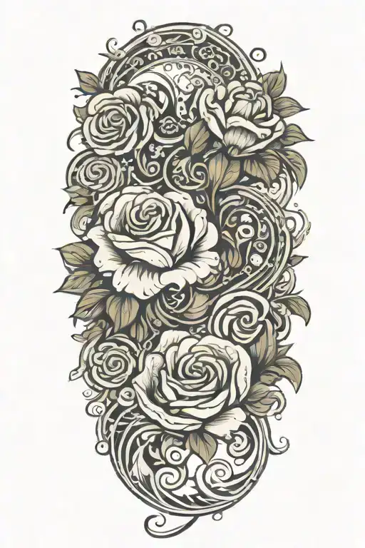 swirling hurricanes with paisley pattern and poppy flowers and roses tattoo design idea