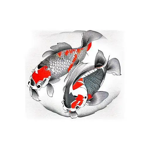 two koi carp with ink stains.  the association of tasks and carp are coherent and merge perfectly.  the drawing is black tattoo design idea