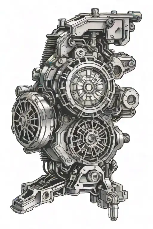 Ironman's arc reactor glowing in the center of a detailed car engine tattoo design idea