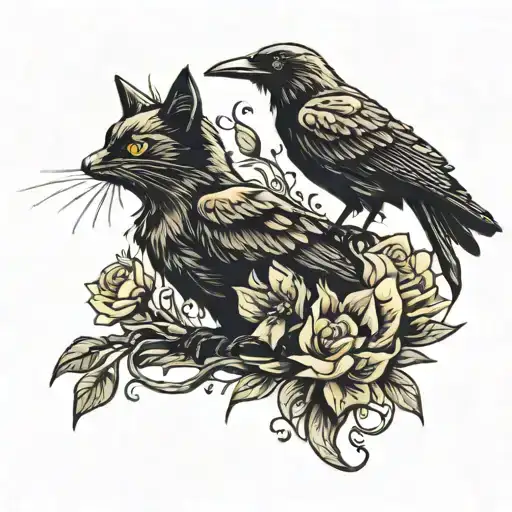 black cat and small raven tattoo design idea