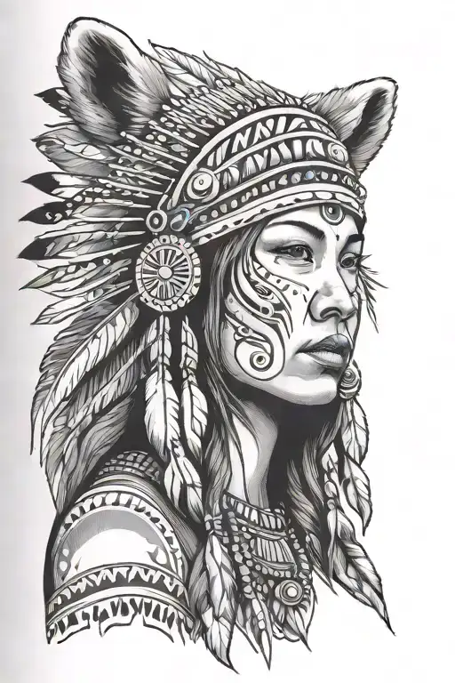 native women with bear head dress  tattoo design idea