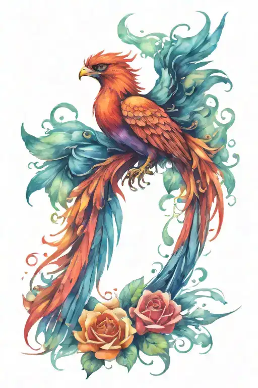 phoenix rising from the ashes with roses tattoo design idea