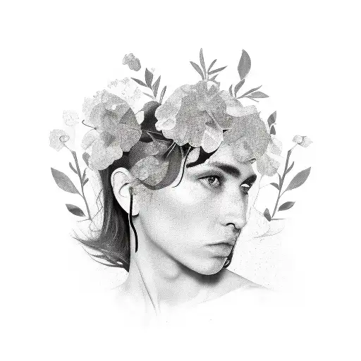 human face with wallflower as hair tattoo design idea