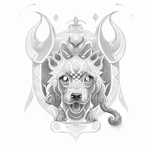 A dotwork tattoo of the three-headed dog Cerberus guarding the gates of the underworld tattoo design idea