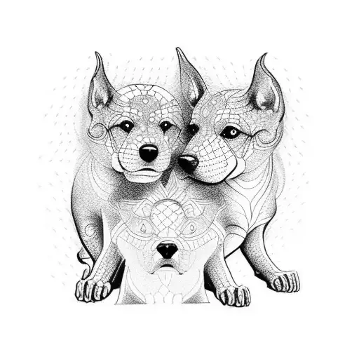 A dotwork tattoo of the three-headed dog Cerberus guarding the gates of the underworld tattoo design idea