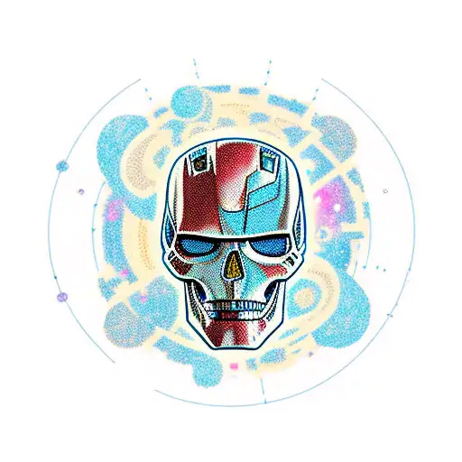 Skull with half-broken Iron Man helmet floating in the middle of the galaxy with lots of trash and planet Earth on fire tattoo design idea