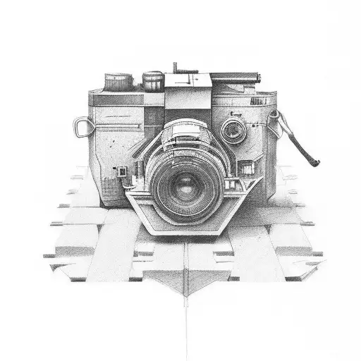 The camera looks like a machine gun, gun trigger, digital art, poster tattoo design idea