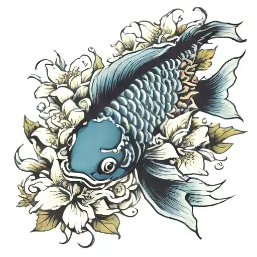 coy fish, flowers blooming tattoo design idea